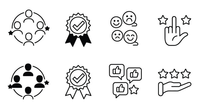 Customer feedback and rating icons, including stars, reviews, and comment bubbles on transparent background