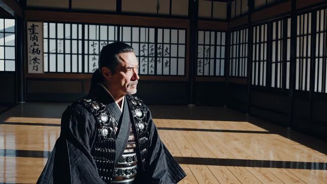 Samurai man kneeling in dojo. Warrior in black armor practices meditation. Master posture shows tradition and martial. Wooden floor and shoji provide calm interior space. Strong light casts shadow.