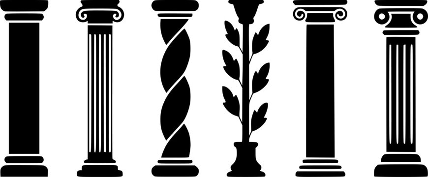 Collection of Black Architectural Columns and Decorative Pillar with Leaves White Background
