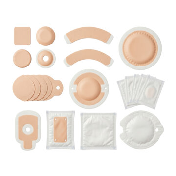 Meticulously arranged beige, skin-toned ostomy supplies, including adhesive wafers and collection pouches, pristine flat lay on white, conveying medical utility