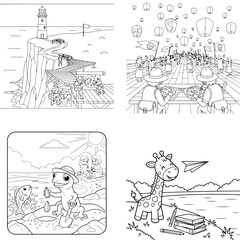 Obraz premium Coastal lighthouse and abstract bubbles, cute giraffe and dog line art coloring pages