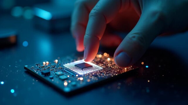 Hand assembling glowing microchip on dark surface, bokeh blue particle lab background