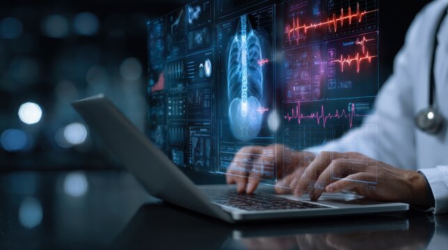 Medical Professional Analyzing Brain Scan Data on Laptop in Modern Healthcare Environment