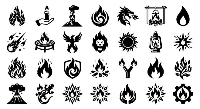 Premium Minimalist Flame Vector Icon Set: Unique Black and White Designs, Abstract Fire and Heat Silhouette Elements: Geometric Vector Graphic Pack, Versatile Bold Line Fire Symbols: High-Contra