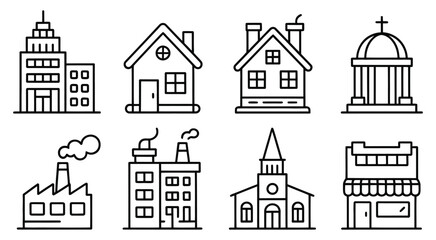 Naklejka premium Diverse building outlines for architectural design, including modern skyscrapers, classic houses, and urban structures on transparent