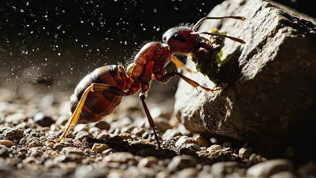 An industrious ant carries debris under a large rock on a gravel surface.