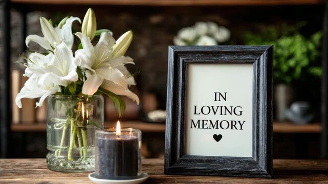 altar with photo frame flowers and candle at home animation