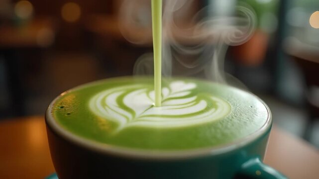 Hot matcha latte being poured into ceramic cup, bokeh cozy cafe background with warm lights