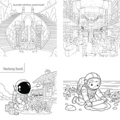 Obraz premium Space exploration and beach scenes, astronaut and child line art coloring pages, coloring page