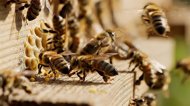 Bees buzz around honeycomb in apiary on a sunny day outdoors