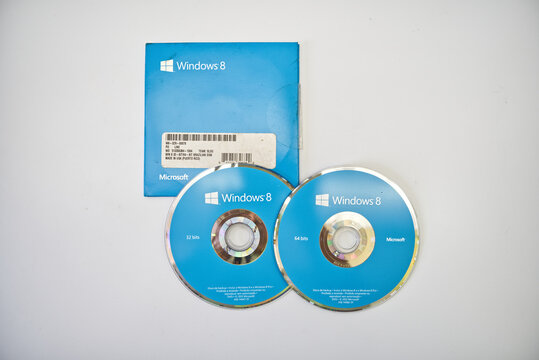 Suzano, Sao Paulo - Brazil - february 17, 2026: Original Microsoft Windows 8 software on discs
