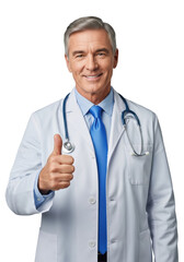 Fototapeta premium Mature doctor with gray hair wearing a white lab coat and stethoscope giving a thumbs up in a bright studio background reassuring healthcare atmosphere