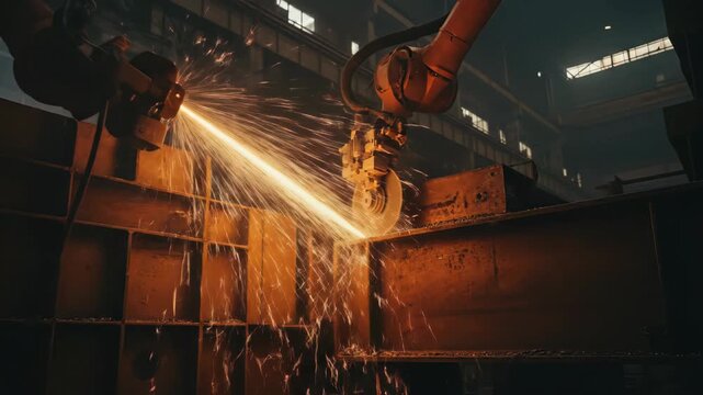 Industrial robot welding steel structures with bright sparks