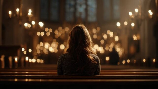 lonely woman sitting on a bench in the church animation