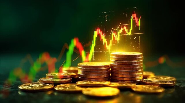 Cryptocurrency golden coins stack with rising chart hologram, bokeh dark financial background