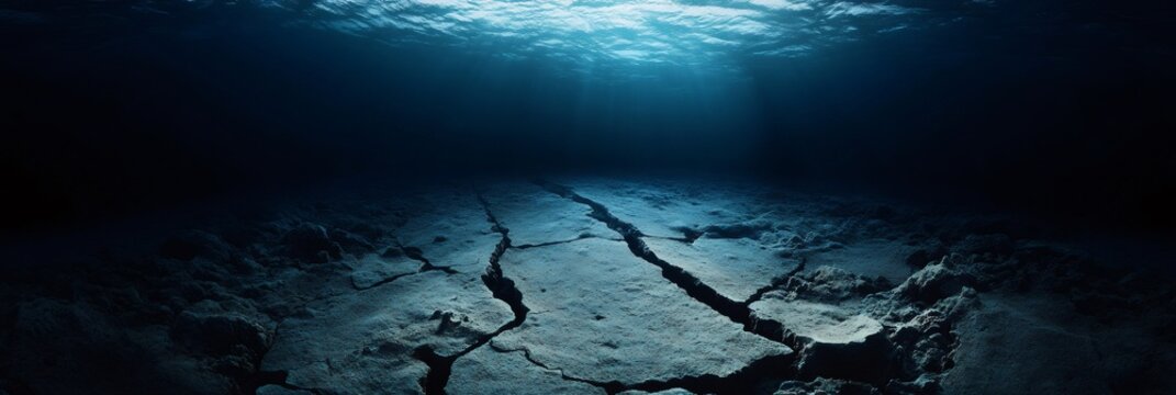 Deep underwater earthquake generating cracks and fissures in the ocean floor, with sun rays filtering through the surface, illuminating the dark abyss and revealing the power of natures forces