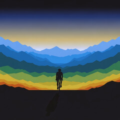 Fototapeta premium Cyclist Riding into Mountains at Sunset