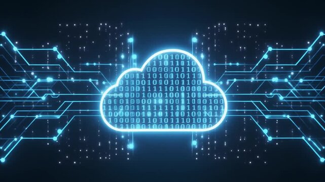 Abstract visualization of cloud computing system, glowing cloud icon with data flowing in binary code on a digital network background