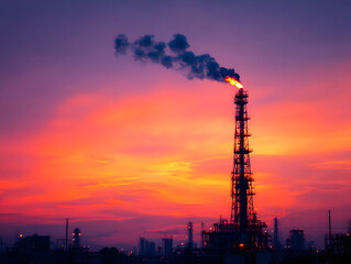 Obraz premium Industrial flare stack burning at sunset with smoky plume against colorful sky
