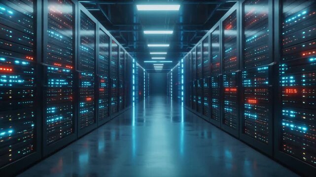 Futuristic Data Center Server Room with Blue and Red LED Lights, High-Tech Infrastructure