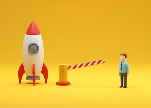 A construction worker and a rocket behind a barrier gate. Not being invited to a project or startup. Missed opportunities, career limitations and problems accessing innovation. 