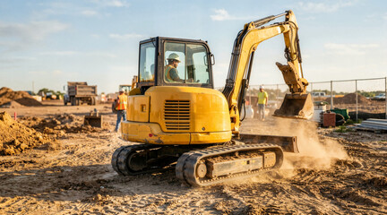Fototapeta premium Mini excavator digging at a construction site during sunset. Small yellow digger working on dirt ground. Compact heavy machinery