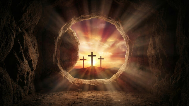 Dramatic scene from inside an empty stone cave tomb looking out at three wooden crosses on a hill with radiant golden sunbeams for Christian Easter resurrection celebration backgrounds.