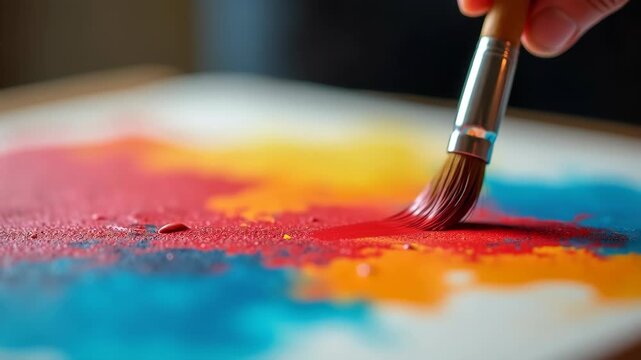 Painter brush touching canvas creating colorful abstract splash, bokeh bright art studio background