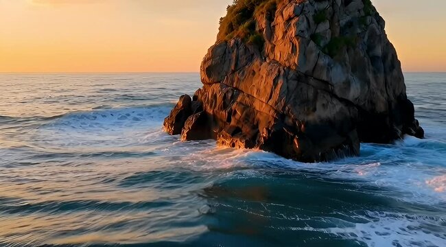 Ocean waves crash against a rocky island at sunset with golden light