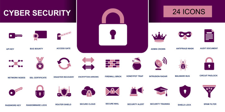 Cyber security icon set. Containing API key, admin crown, audit document, firewall brick, secure cloud, secure mail, shield lock, spam filter and more. Solid fill vector icons collection.