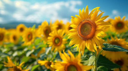 Obraz premium Sunflower field with cloudy blue sky. Sunflowers landscape