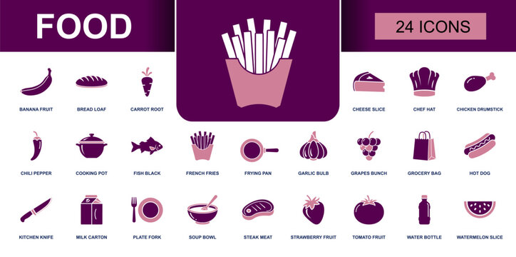 Food icon set. Containing banana, bread, carrot, cheese, chicken, fish, fries, soup, steak, strawberry, tomato, watermelon and more. Solid fill vector icons collection for menu designs.