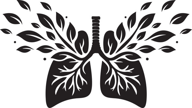 Breathing exercise silhouette of lungs expanding with leaves, symbolic design.