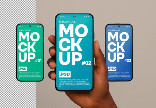 A hand holding a smartphone mockup. Set of three phones