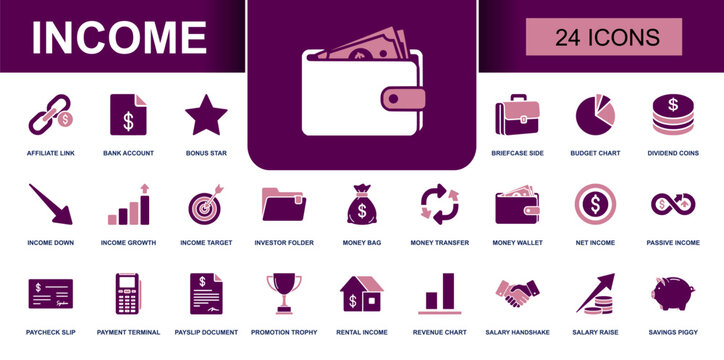 Income icon set. Containing bank account, budget chart, dividend coins, money transfer, net income, passive income, paycheck slip, salary raise and more. Solid fill vector icons collection.