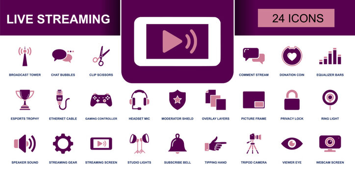Live streaming icon set. Containing webcam, ring light, headset mic, studio lights, subscribe bell, donation, viewer, streaming screen and more. Solid fill vector icons collection.