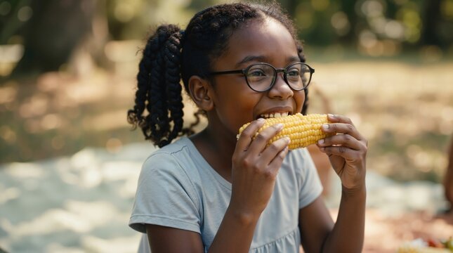 Young African American girl eating corn on the cob outdoors. Happy child with glasses enjoying a healthy summer picnic snack