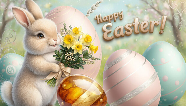 Zajączek wielkanocny z kwiatami, baziami i liśćmi bukszpanu na tle pisanek wielkanocnych