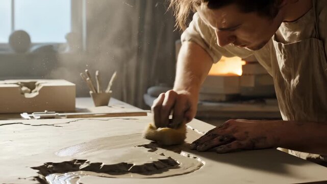 Woman creates pottery artwork using roller on clay slab in ceramic studio. Artist shapes clay with roller tool. Female working on pottery design. Clay artwork creation in ceramic workshop studio.