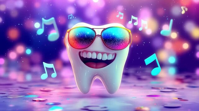 Dancing tooth with sunglasses bustling with music notes in vibrant party atmosphere