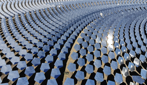 Solar Thermal Power Station Heliostat Array - Aerial Overhead View