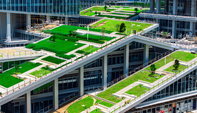 Modern Building Complex with Green Rooftop Gardens - Aerial View