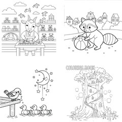 Fototapeta premium Cartoon animals coloring pages featuring raccoon, ducks, bunny, and night sky scenes