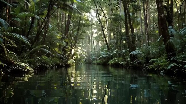 Lush rainforest creek with dappled sunlight filtering through dense canopy, creating tranquil water reflections.