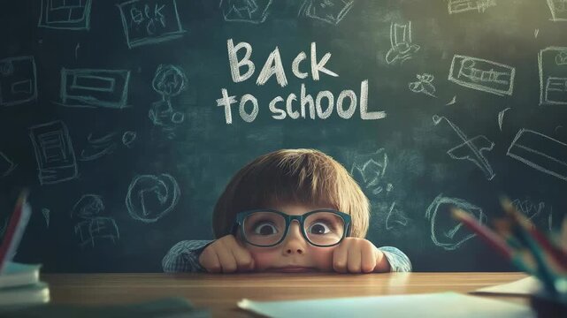 Pupil with big eyeglasses waiting for back to school with a funny expression in front of a blackboard with drawings and the sentence back to school written on it