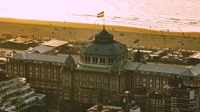 Aerial view of Scheveningen Beach in city Hague, Scheveningen Pier and famous Ferris wheel skyview de Pier