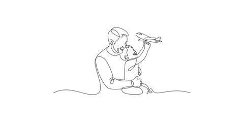 Fototapeta premium Continuous line drawing of father and child playing with toy airplane fatherhood childhood playtime family