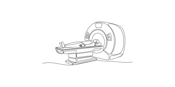 Continuous line drawing of a person lying on an MRI machine bed magnetic resonance imaging