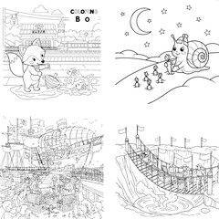 Fototapeta premium Playful animal coloring book pages featuring snail, squirrel, train, and night sky