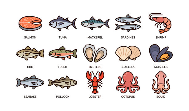 Assorted seafood icons featuring fish, shellfish, and crustaceans